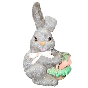 Gray Bunny Figurine Statue with Pink Bow & Basket Of Carrots